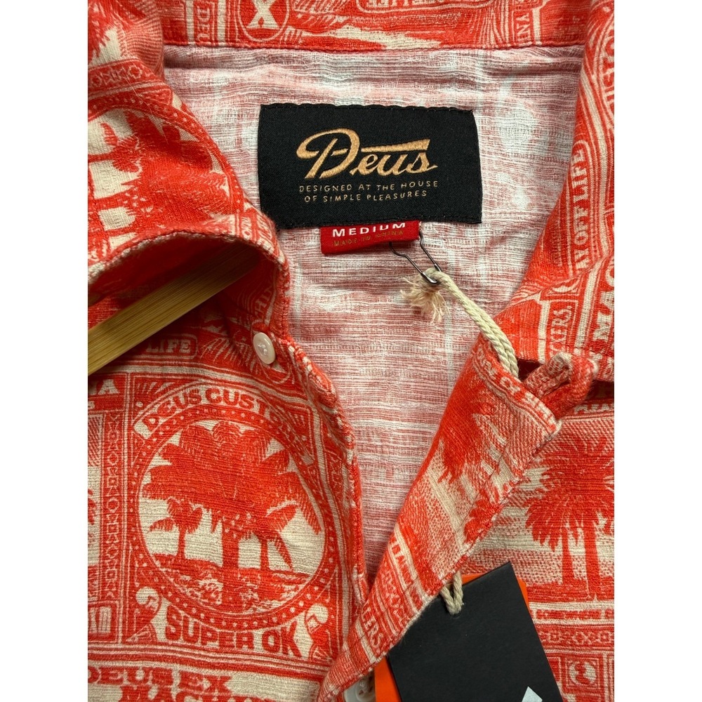 NWT Deus Ex Machina Men M Mail-Man Shirt Red Stamp Palm Print Cotton Button Up - Picture 9 of 14